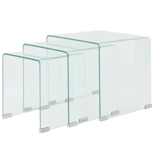 Stackable table set, transparent tempered glass, three pieces