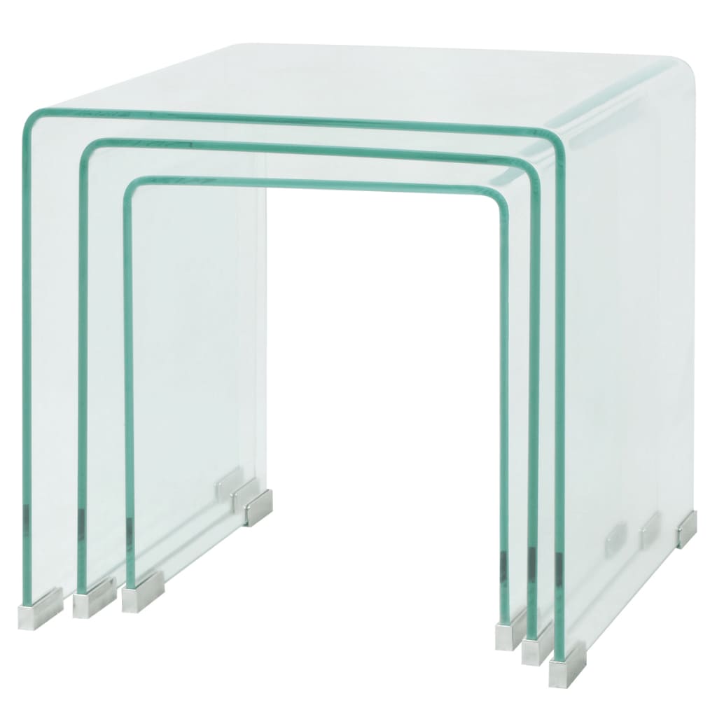 Stackable table set, transparent tempered glass, three pieces