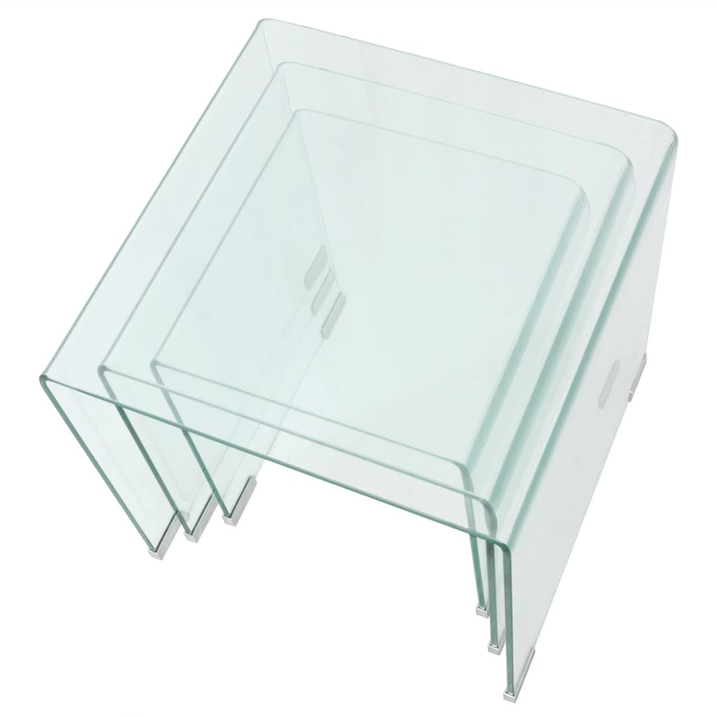 Stackable table set, transparent tempered glass, three pieces