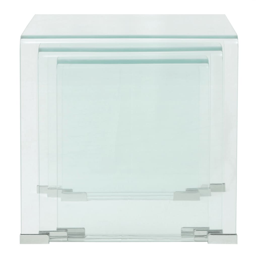 Stackable table set, transparent tempered glass, three pieces