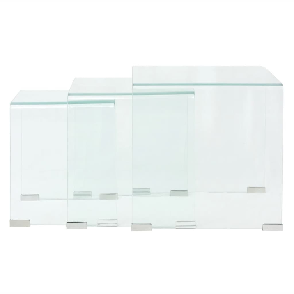 Stackable table set, transparent tempered glass, three pieces