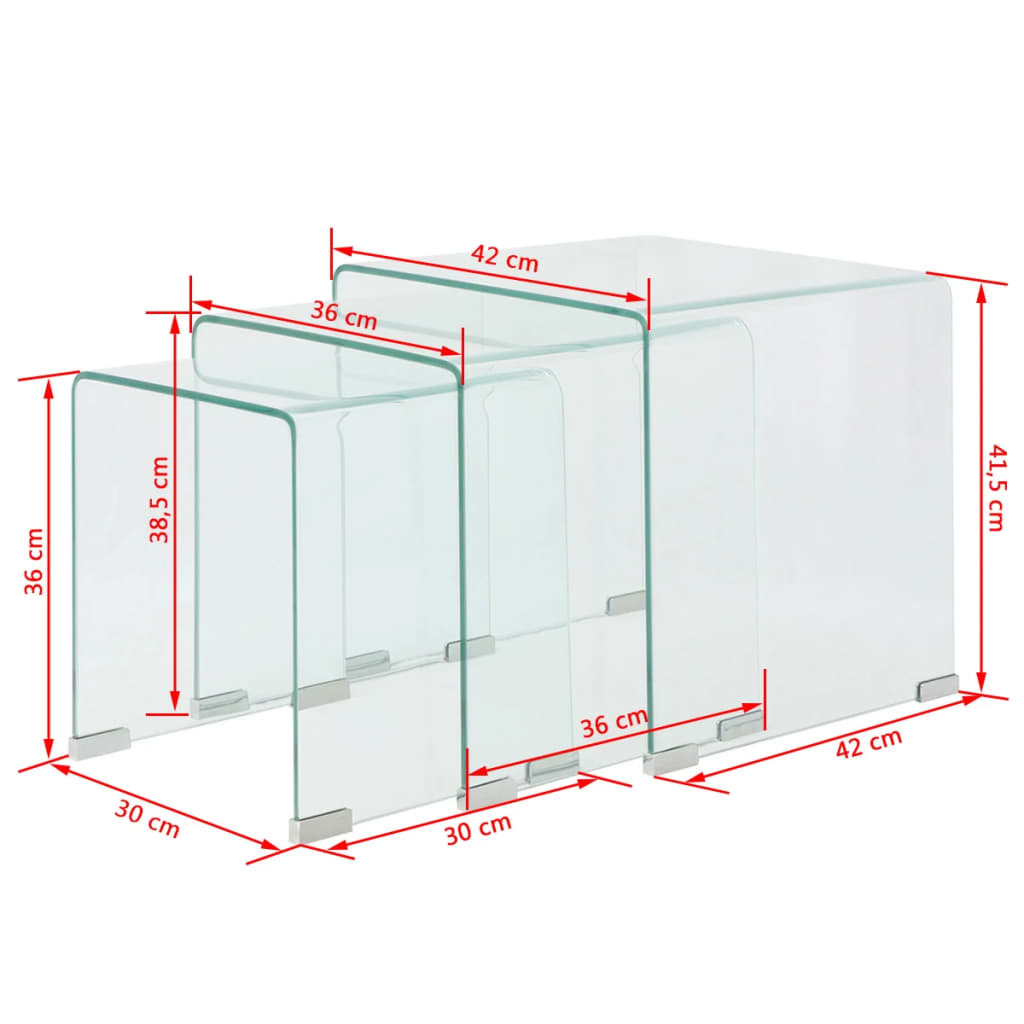 Stackable table set, transparent tempered glass, three pieces