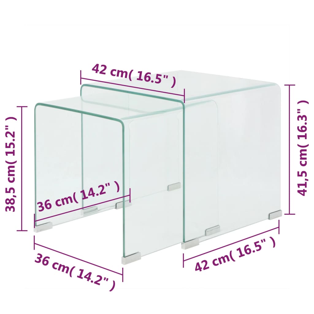 Transparent safety glass table set, stackable, 2 pieces