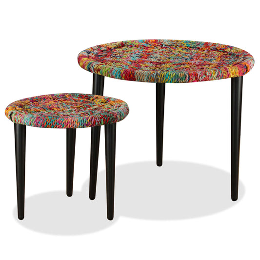 Coffee table set, 2 pcs., braided chindi details, multicolor