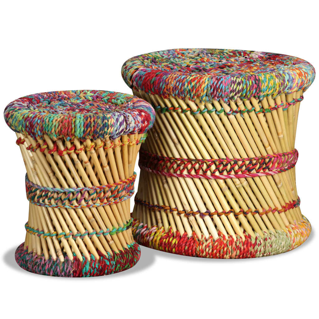 Chindi detail stools, 2 pcs., multicolor, bamboo