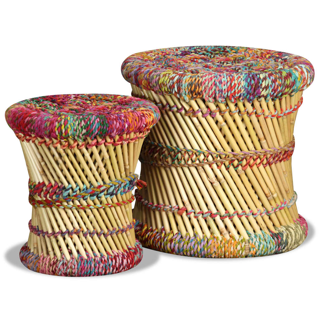 Chindi detail stools, 2 pcs., multicolor, bamboo