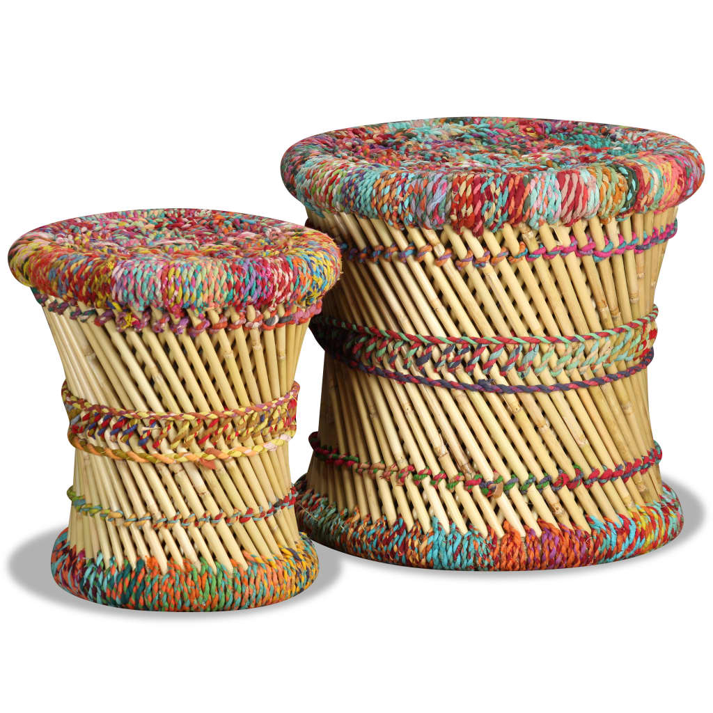 Chindi detail stools, 2 pcs., multicolor, bamboo