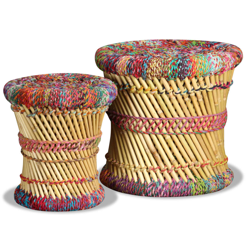 Chindi detail stools, 2 pcs., multicolor, bamboo