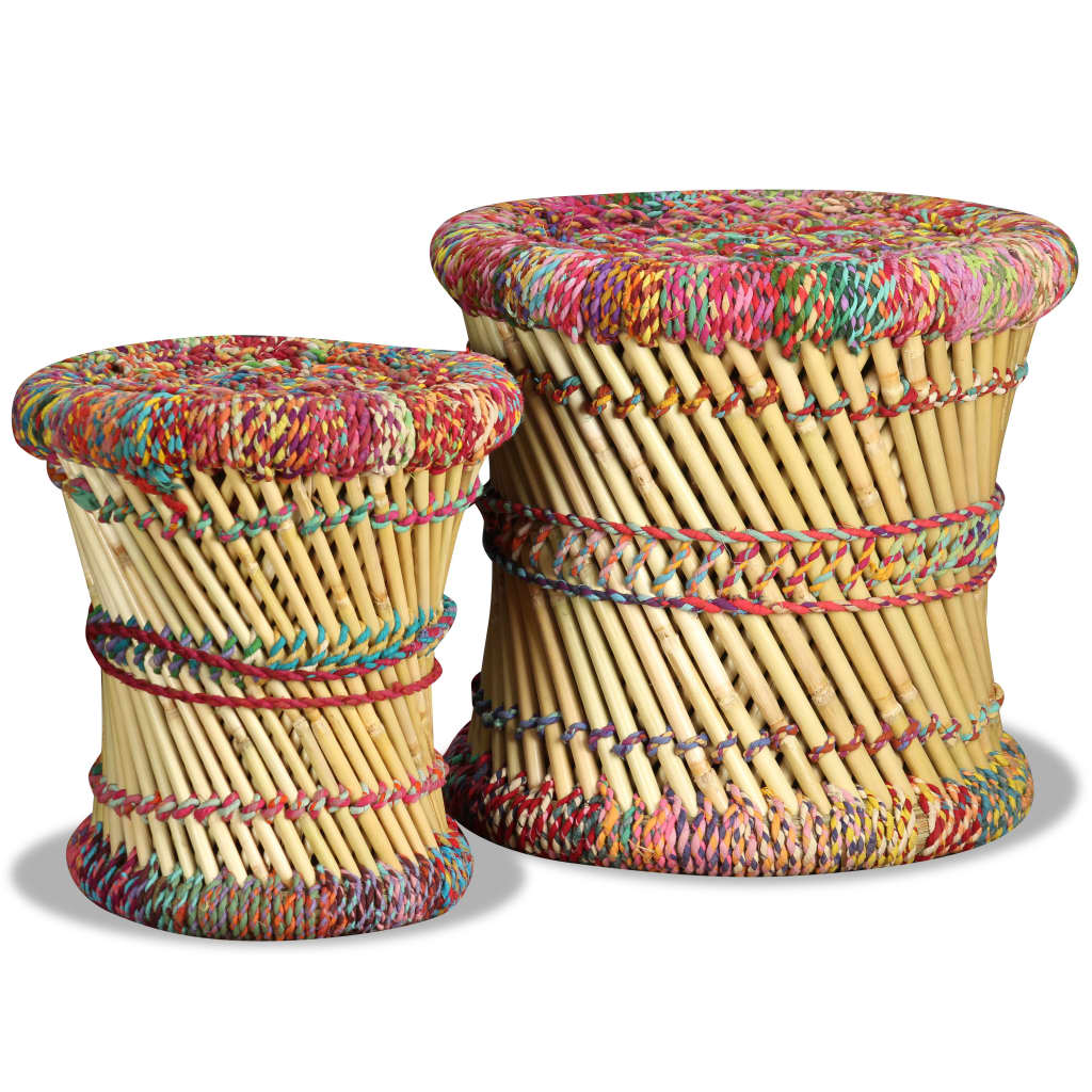 Chindi detail stools, 2 pcs., multicolor, bamboo