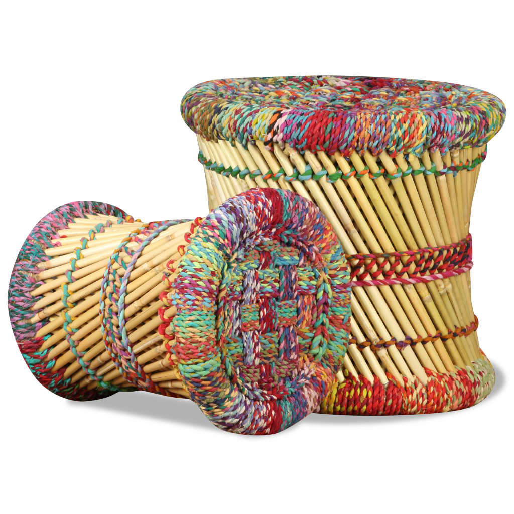 Chindi detail stools, 2 pcs., multicolor, bamboo