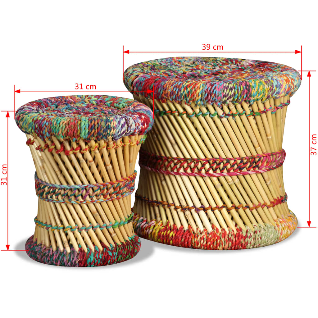 Chindi detail stools, 2 pcs., multicolor, bamboo