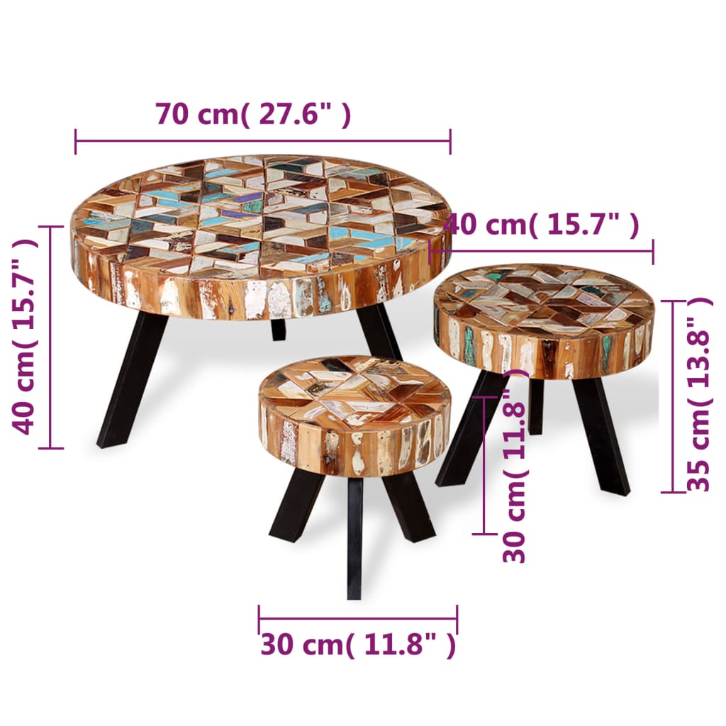 Coffee table set, 3 pcs., solid recycled wood