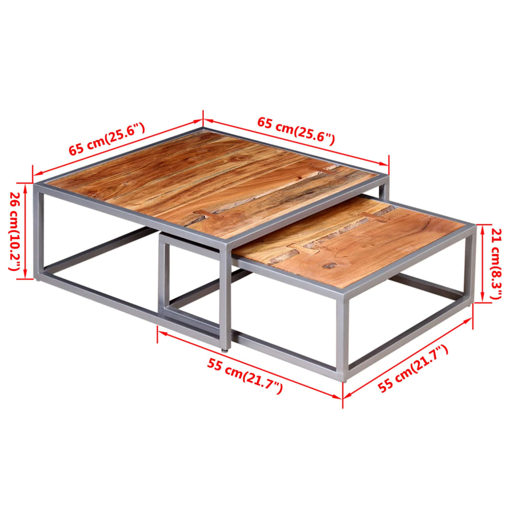 Coffee table set, two pieces, solid acacia wood