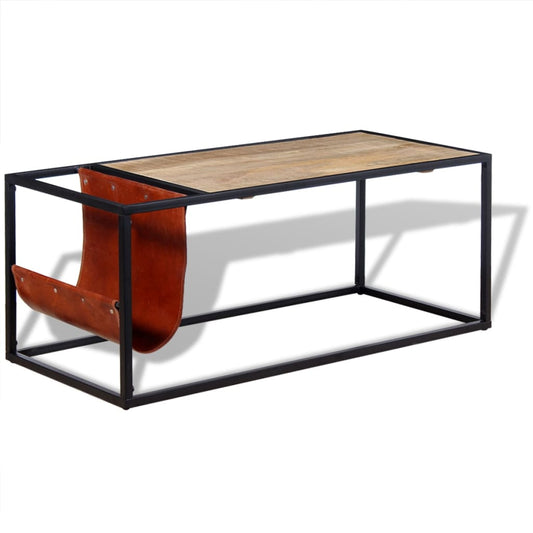 Coffee table with magazine holder made of natural leather, 110x50x45 cm