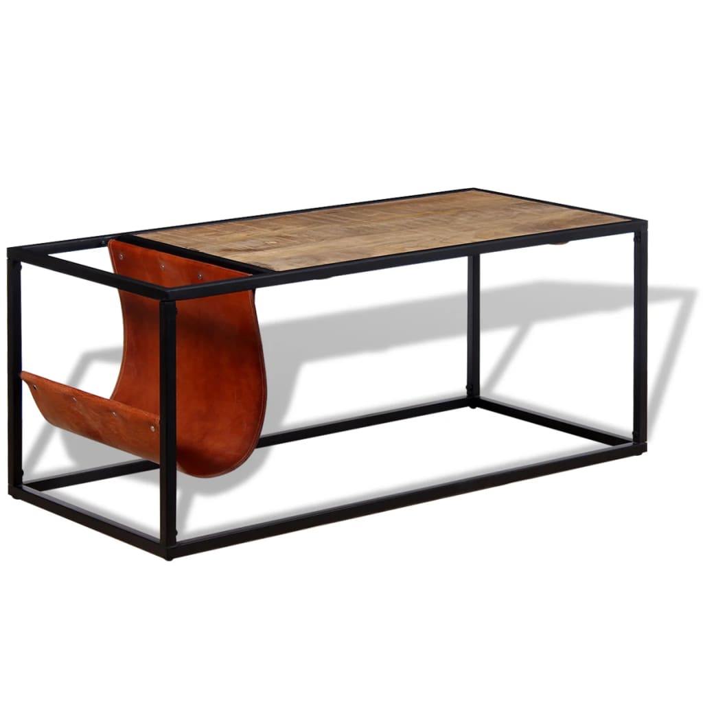 Coffee table with magazine holder made of natural leather, 110x50x45 cm