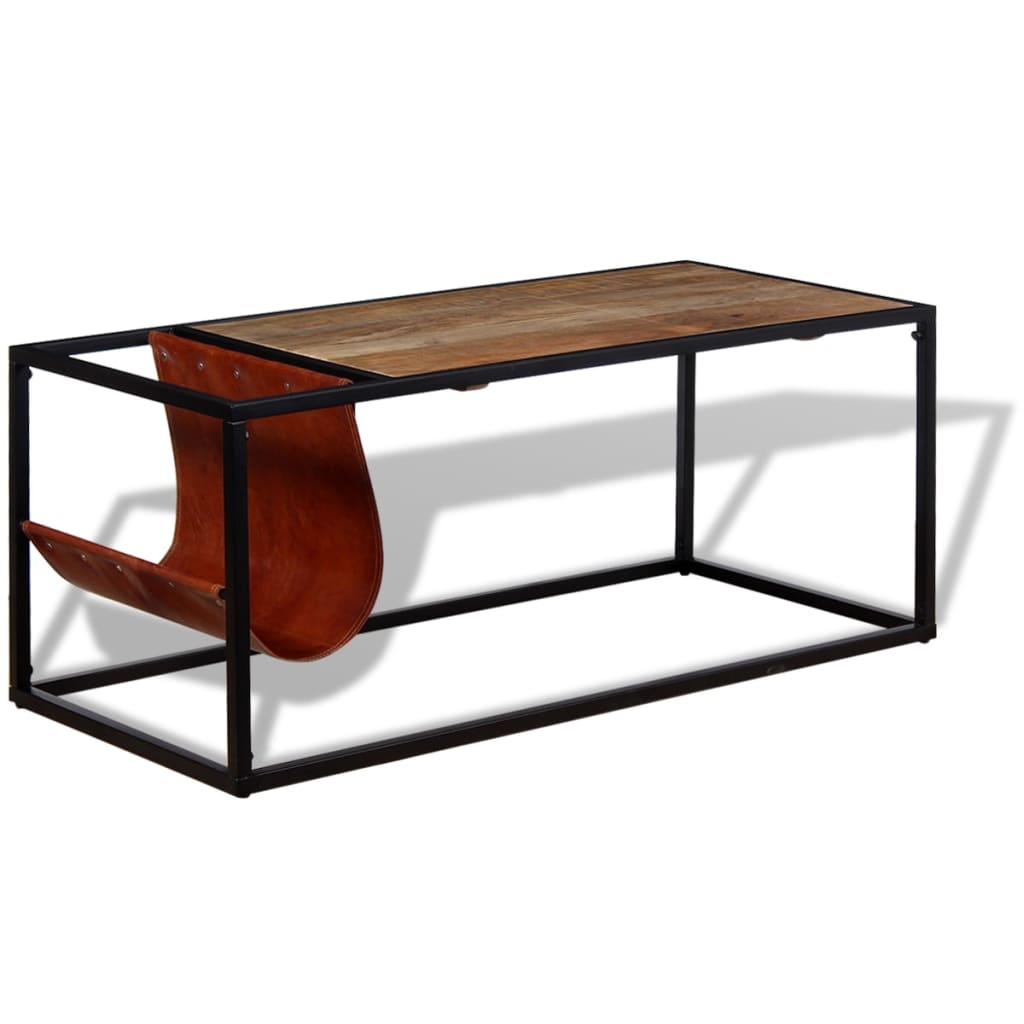 Coffee table with magazine holder made of natural leather, 110x50x45 cm