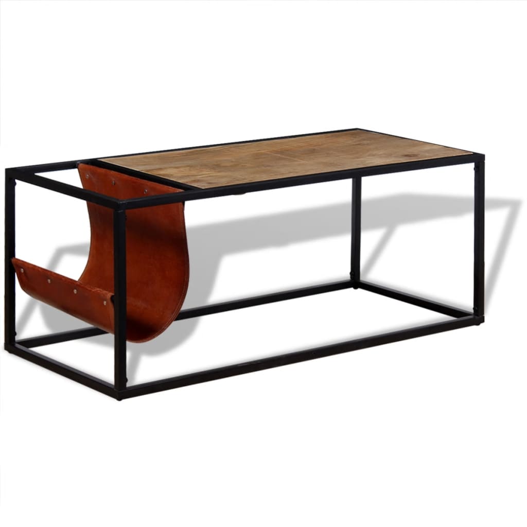 Coffee table with magazine holder made of natural leather, 110x50x45 cm