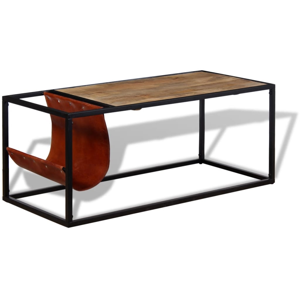 Coffee table with magazine holder made of natural leather, 110x50x45 cm