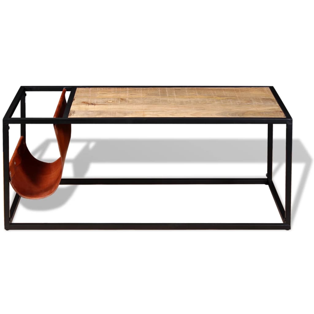 Coffee table with magazine holder made of natural leather, 110x50x45 cm