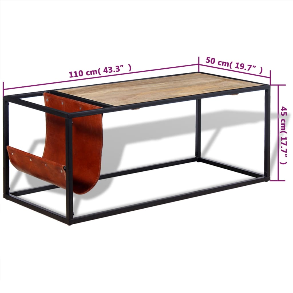 Coffee table with magazine holder made of natural leather, 110x50x45 cm