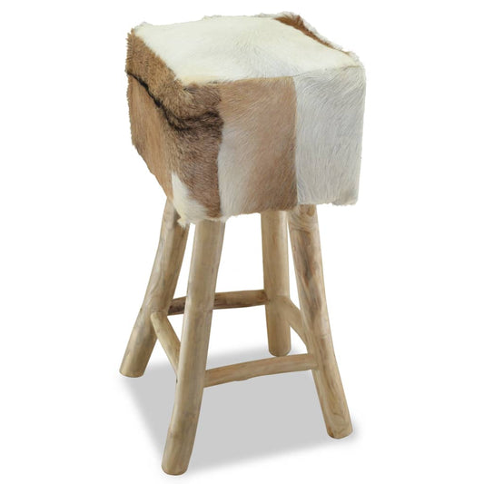 Bar stool, natural leather and solid teak wood