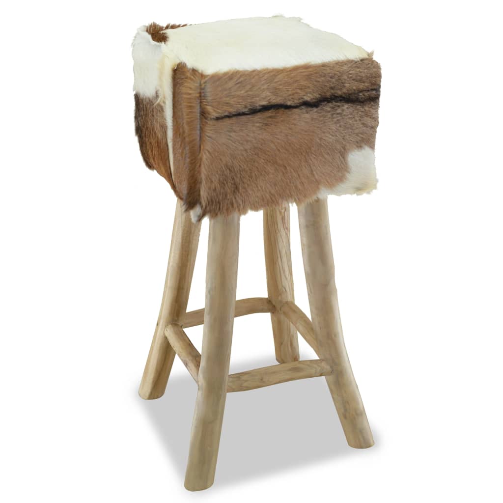 Bar stool, natural leather and solid teak wood