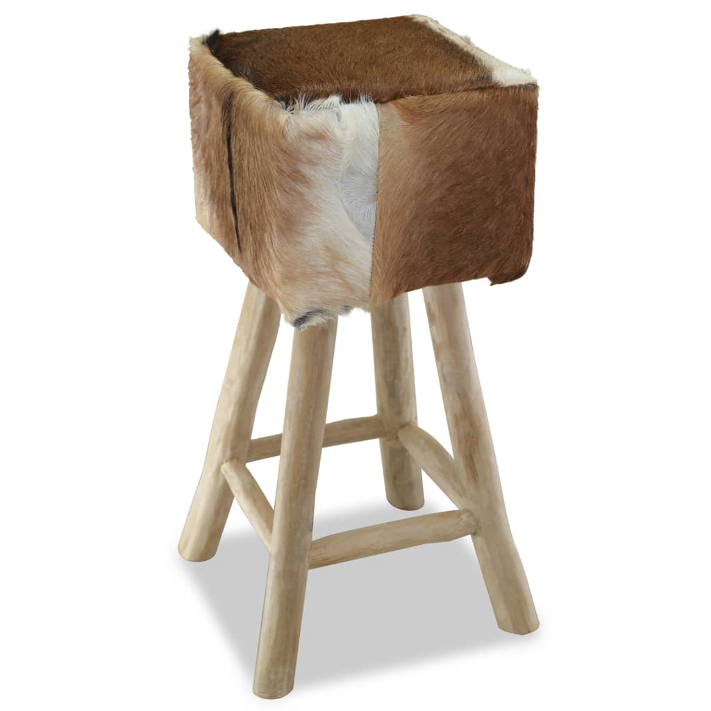 Bar stool, natural leather and solid teak wood