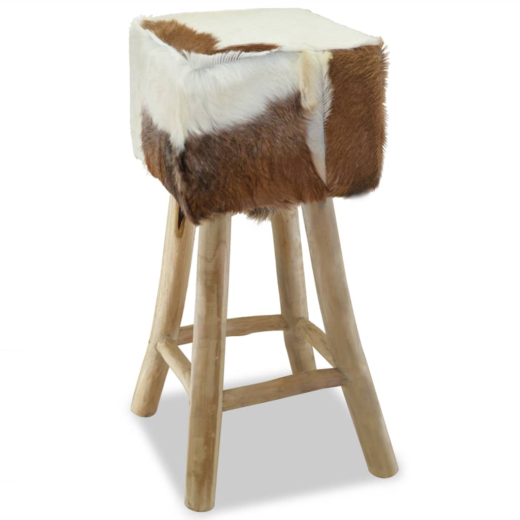 Bar stool, natural leather and solid teak wood