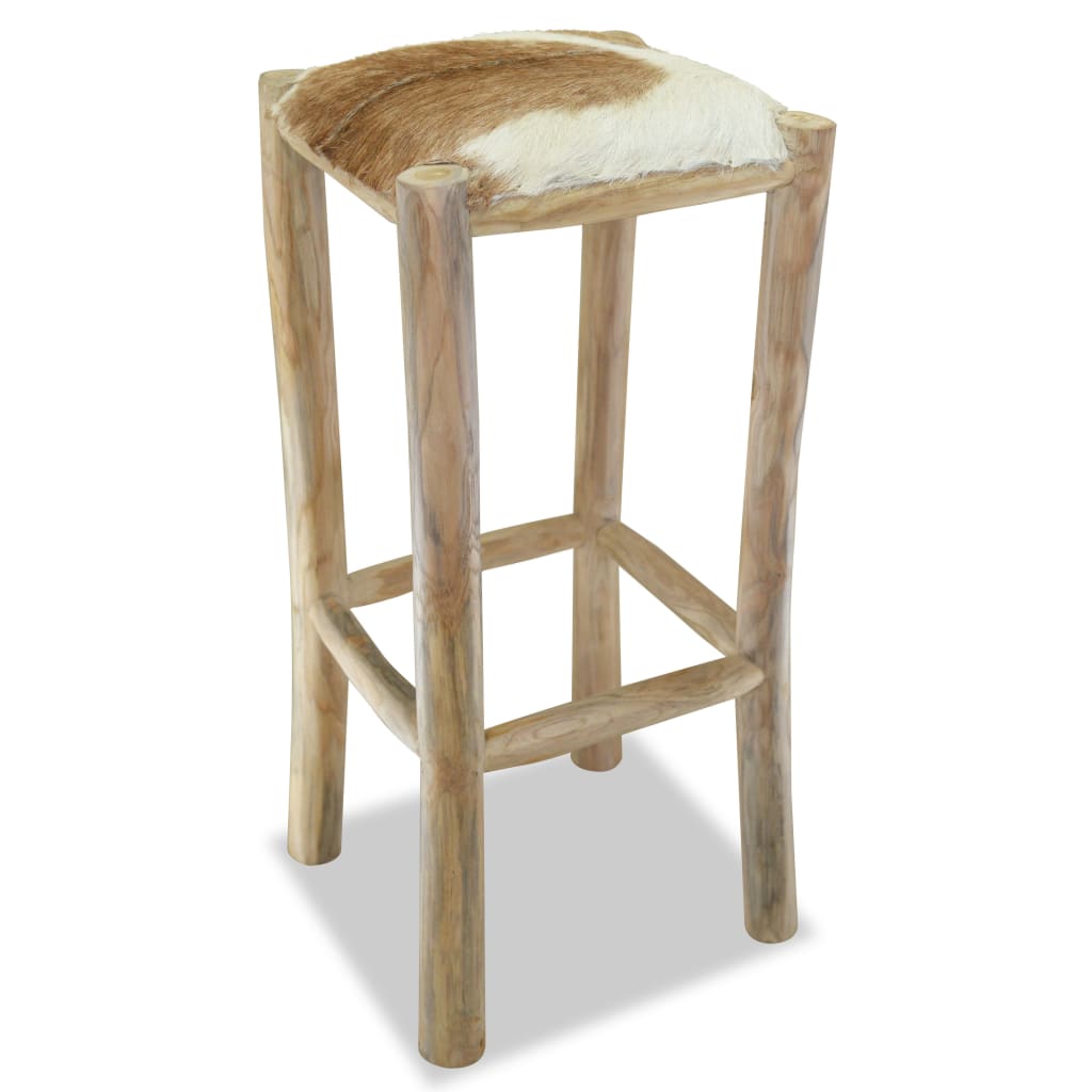 Bar stool, natural leather and solid teak wood