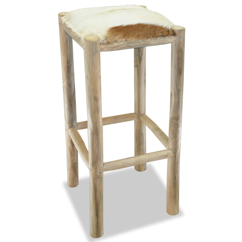 Bar stool, natural leather and solid teak wood