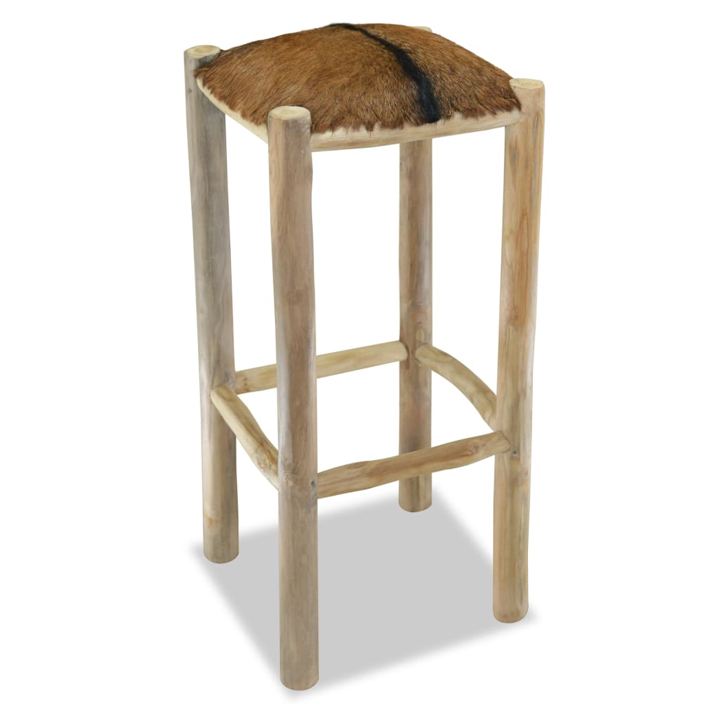 Bar stool, natural leather and solid teak wood