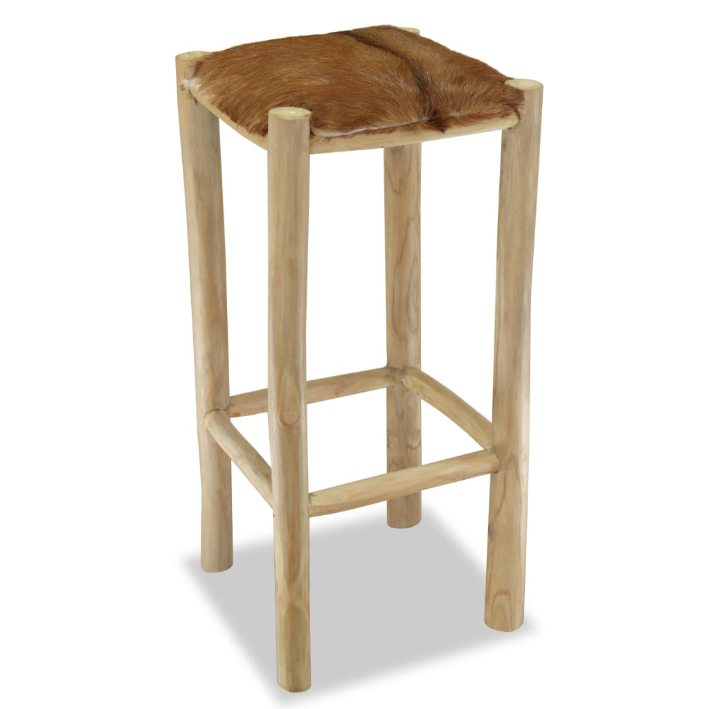 Bar stool, natural leather and solid teak wood