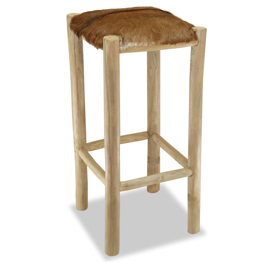 Bar stool, natural leather and solid teak wood