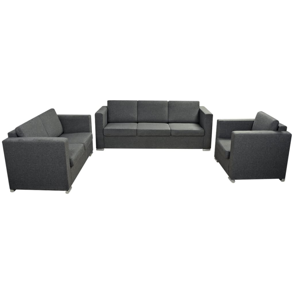 Sofa set, 3 pieces, dark grey, fabric