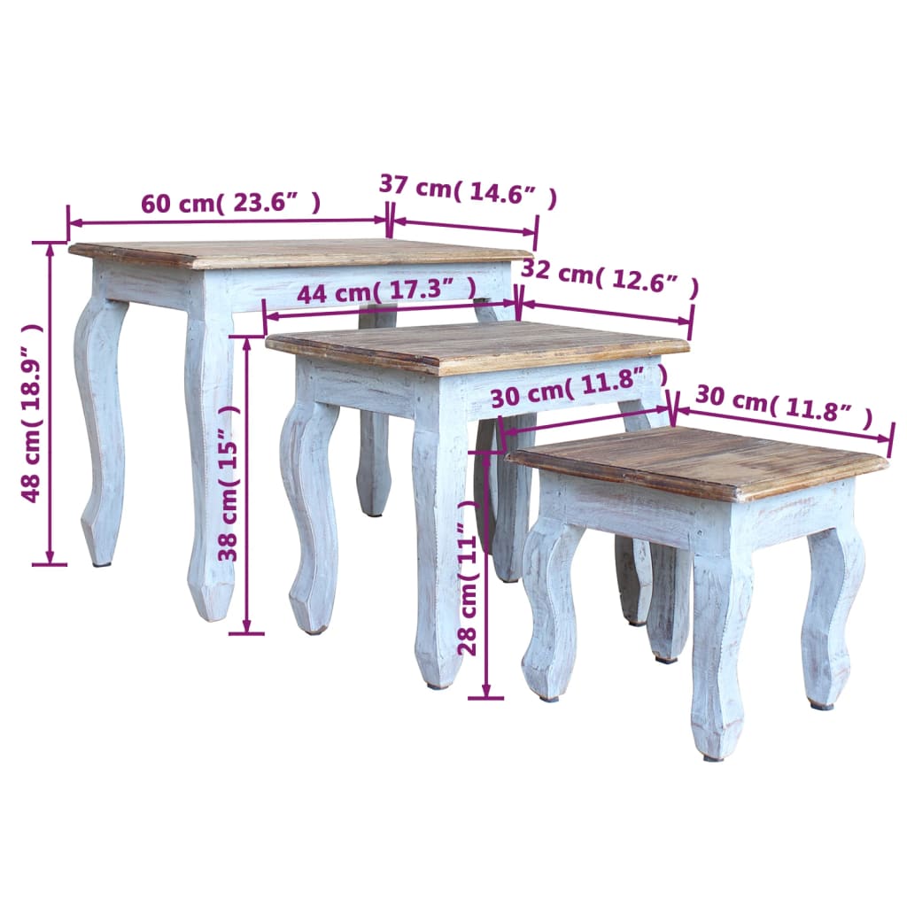 Stackable table set, 3 pieces, solid mahogany wood