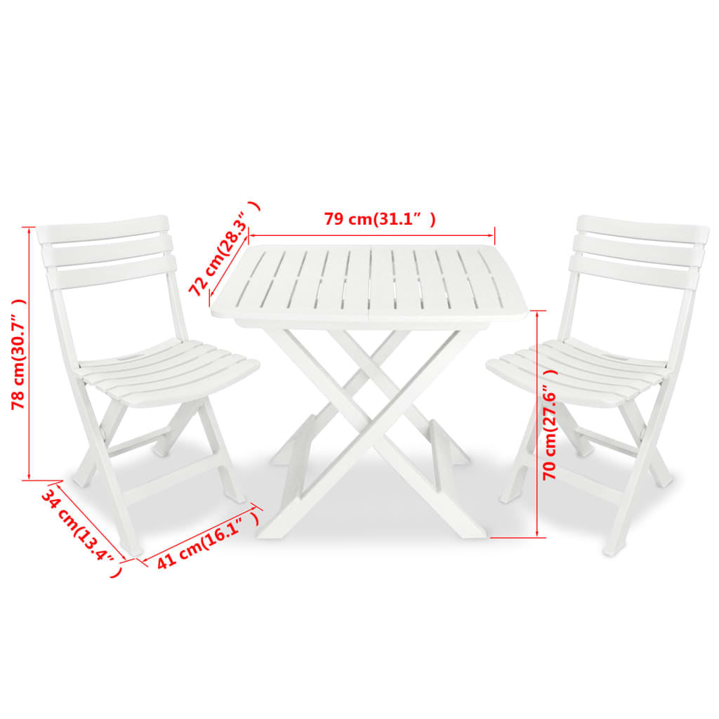 Folding bistro furniture set, 3 pieces, white, plastic