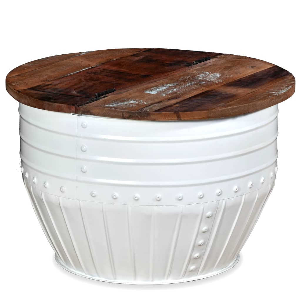 White barrel-shaped coffee table made of solid recycled wood