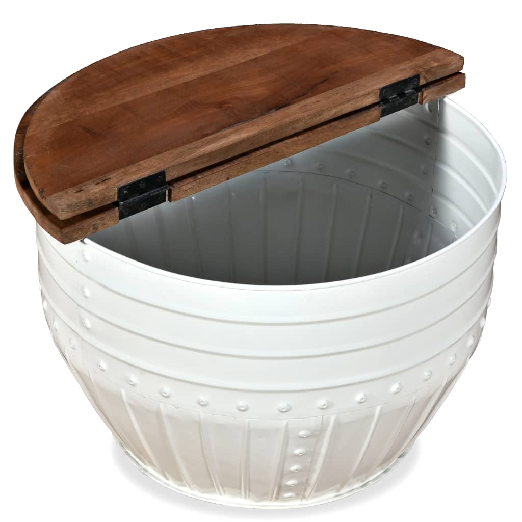 White barrel-shaped coffee table made of solid recycled wood