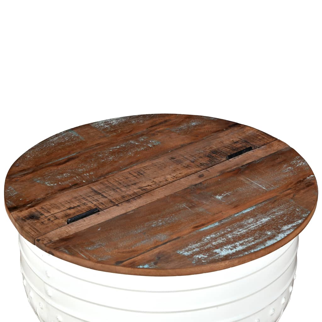 White barrel-shaped coffee table made of solid recycled wood