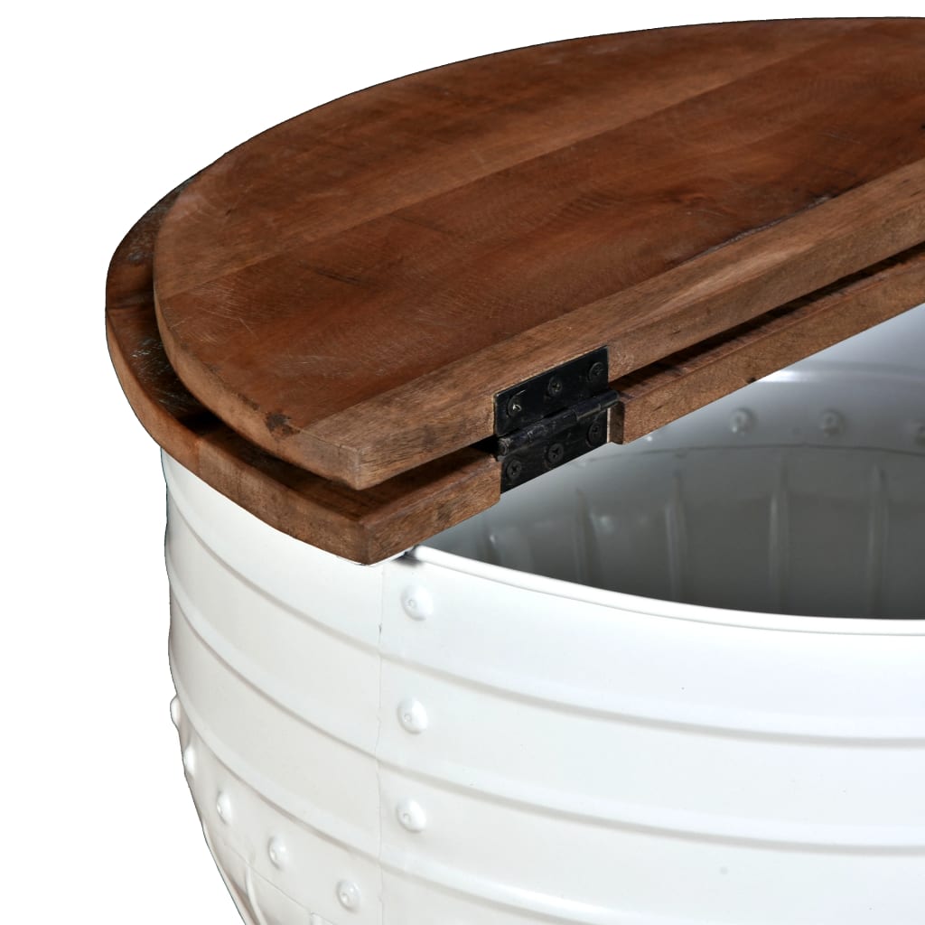 White barrel-shaped coffee table made of solid recycled wood