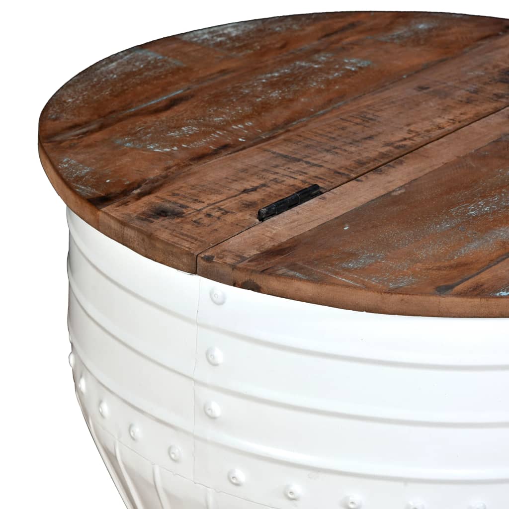 White barrel-shaped coffee table made of solid recycled wood