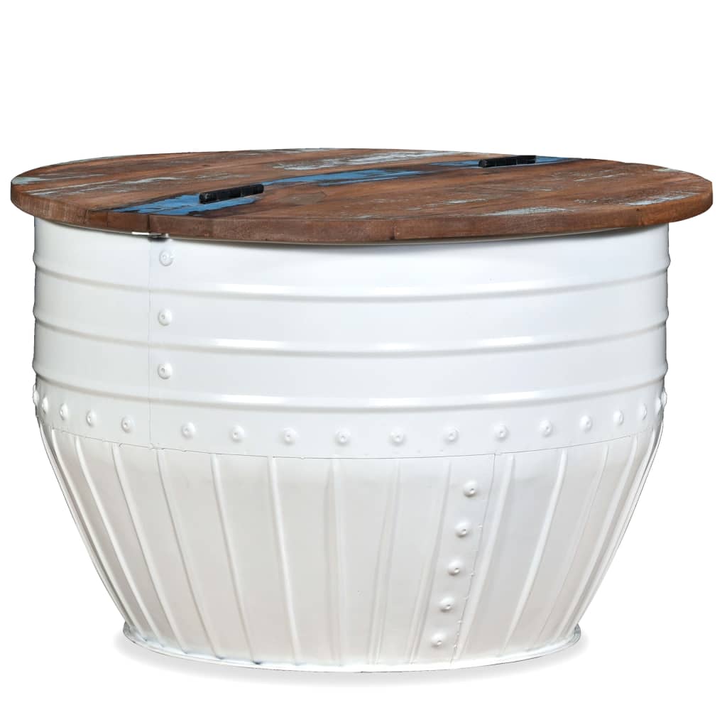 White barrel-shaped coffee table made of solid recycled wood