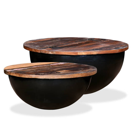 Coffee table set, 2 pieces, black, solid recycled wood bowl shape