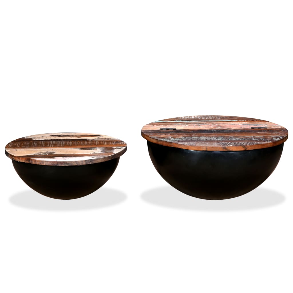 Coffee table set, 2 pieces, black, solid recycled wood bowl shape