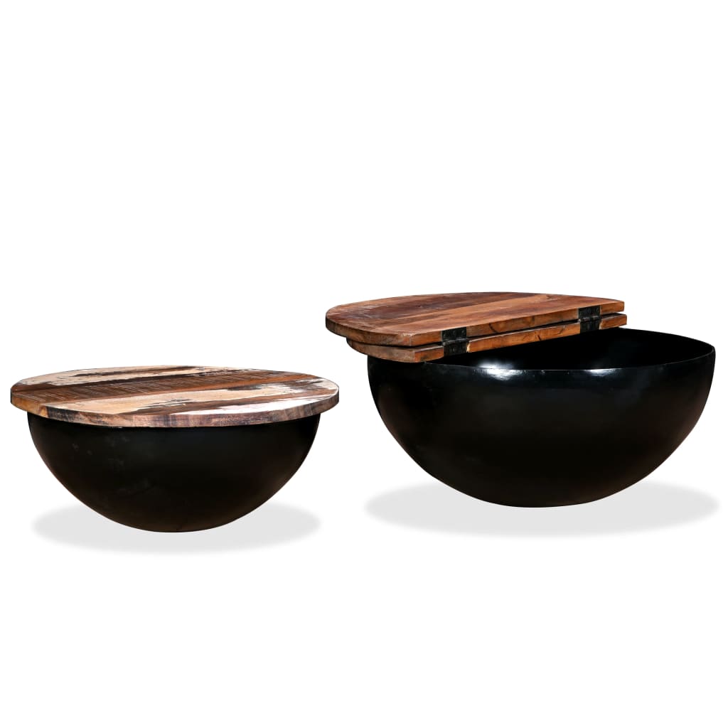 Coffee table set, 2 pieces, black, solid recycled wood bowl shape