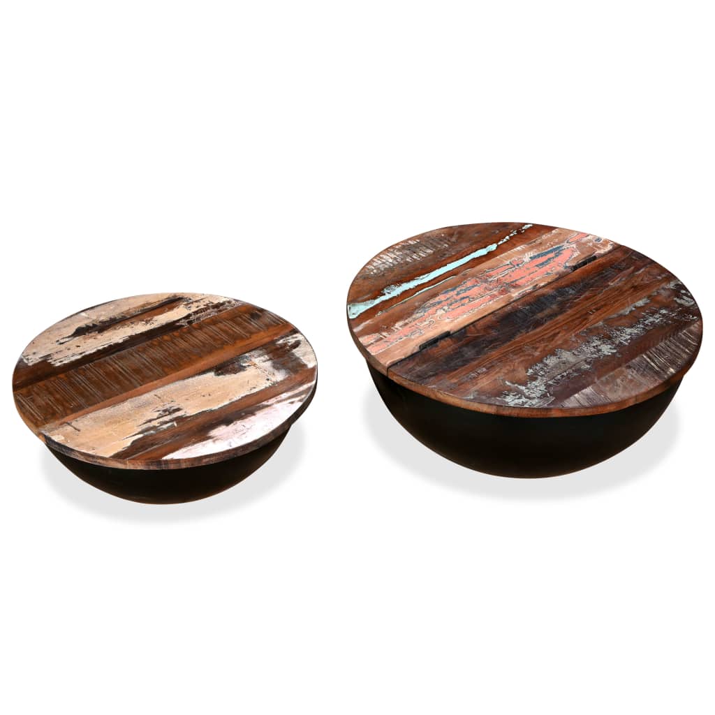 Coffee table set, 2 pieces, black, solid recycled wood bowl shape