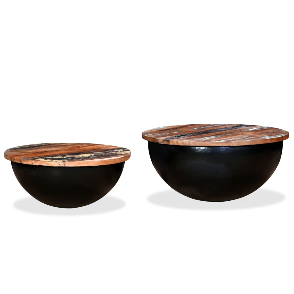 Coffee table set, 2 pieces, black, solid recycled wood bowl shape