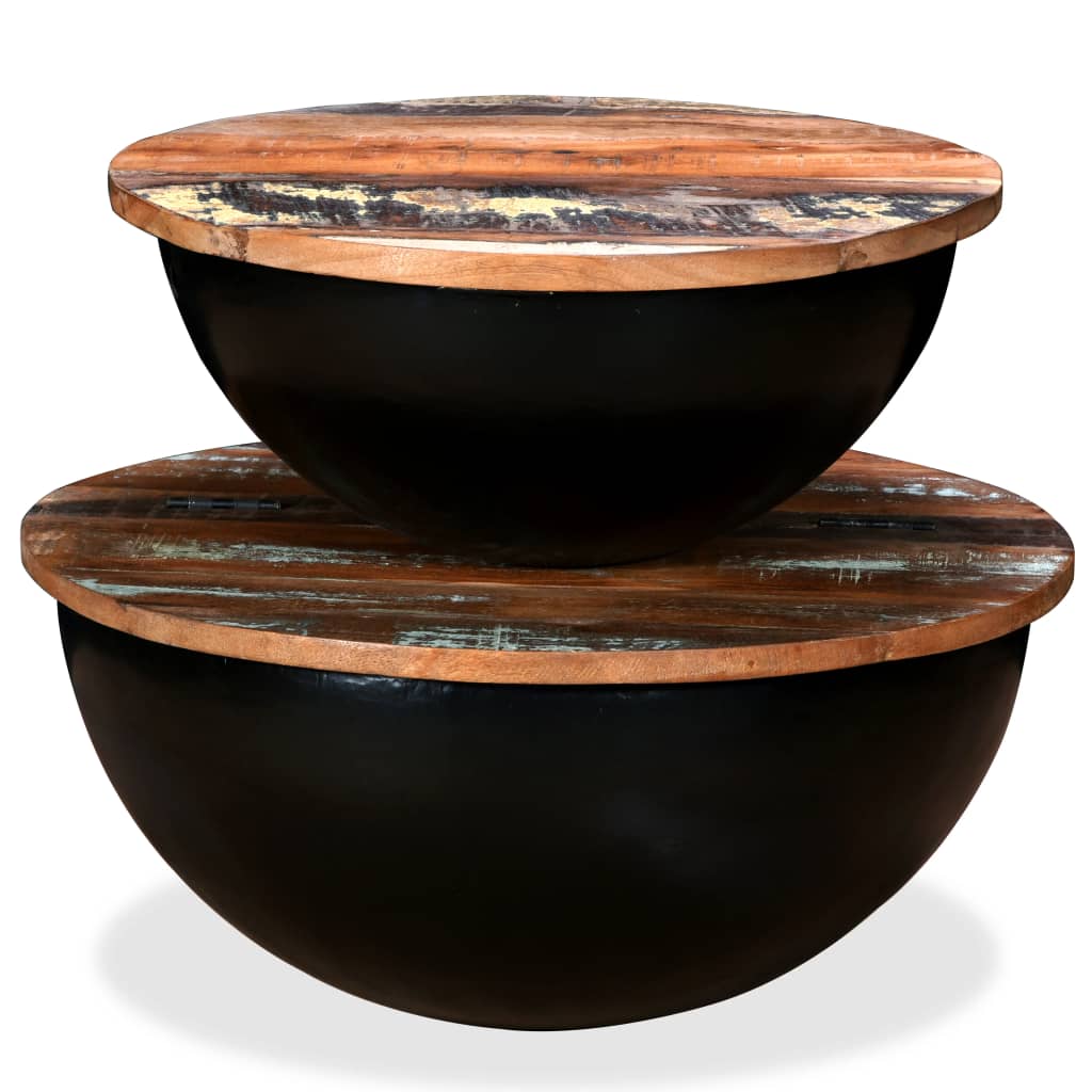 Coffee table set, 2 pieces, black, solid recycled wood bowl shape