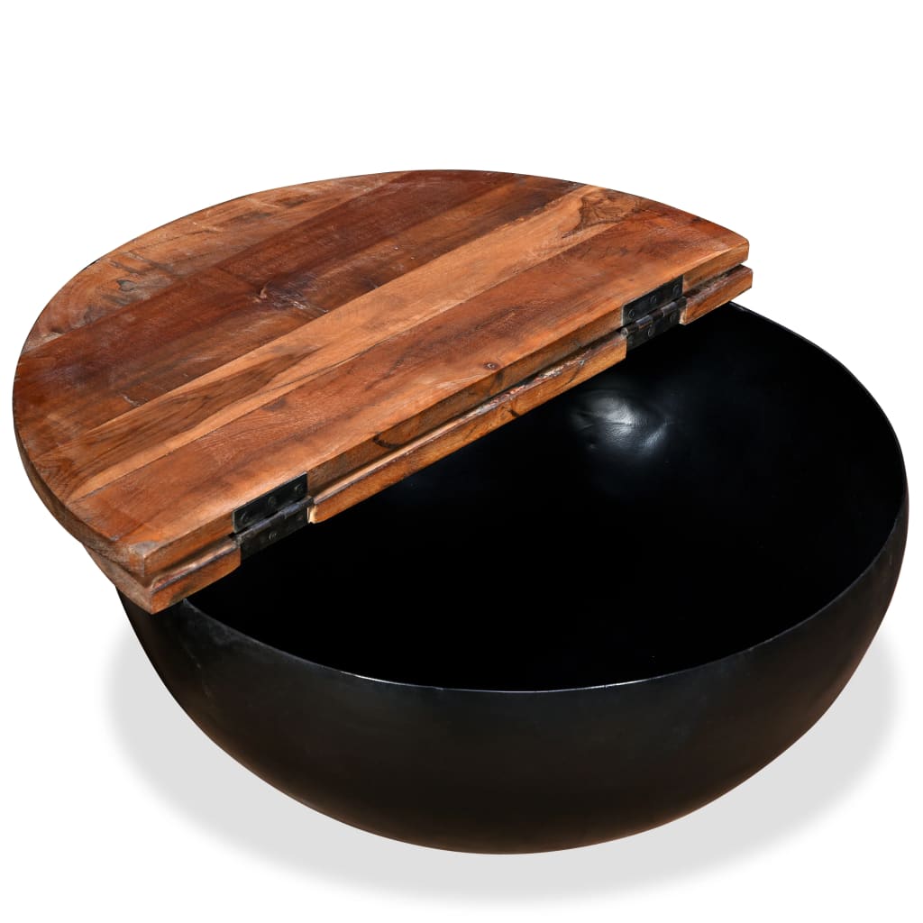 Coffee table set, 2 pieces, black, solid recycled wood bowl shape