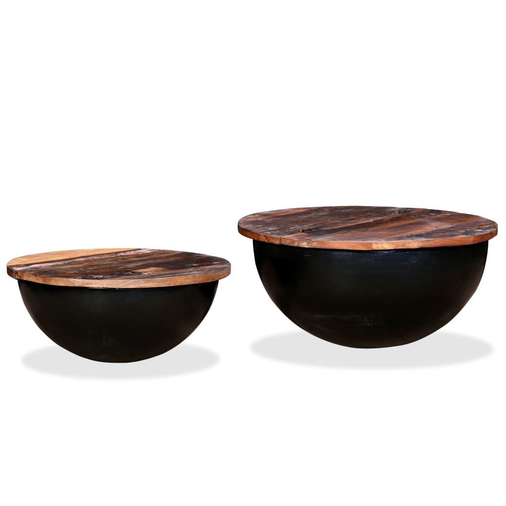 Coffee table set, 2 pieces, black, solid recycled wood bowl shape